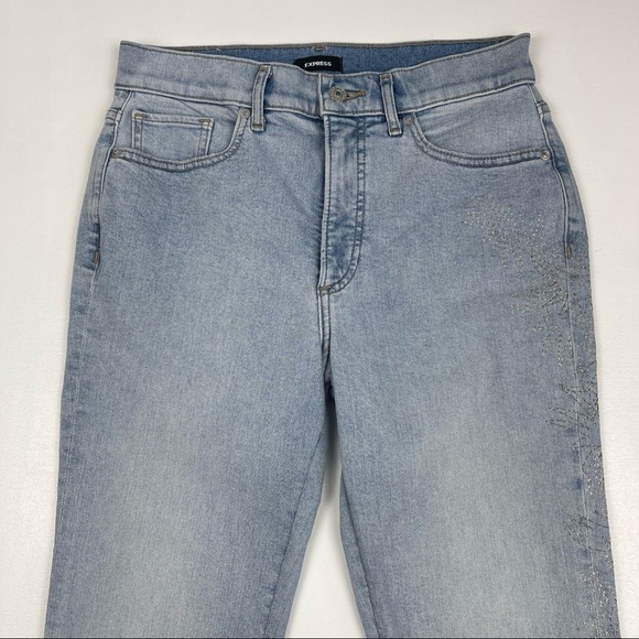 Express Women’s High Rise Flare Fringe Hem Embroidered Ankle Jeans Size 4 - Picture 3 of 11